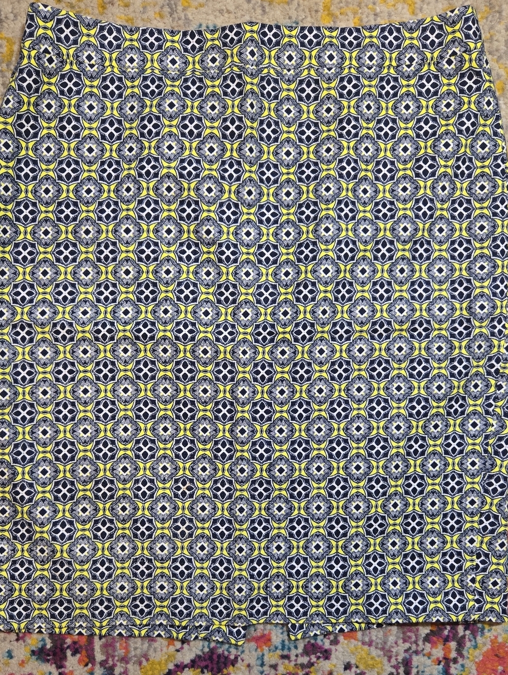 J. Crew The Pencil Skirt Yellow Mosaic Geometric Medallion Navy Blue Size 4